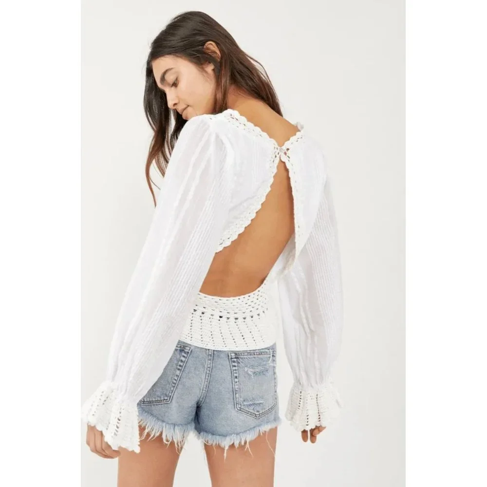 new sz Large L FREE PEOPLE MEGAN CROCHET TOP IVORY WHITE VICTORIAN OPEN BACK